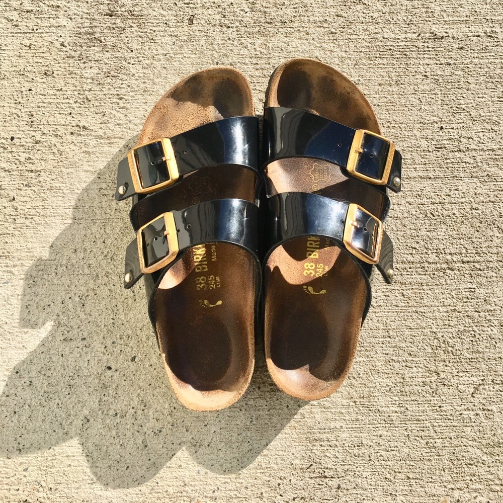 Black Patent and Gold Birkenstock Sandals